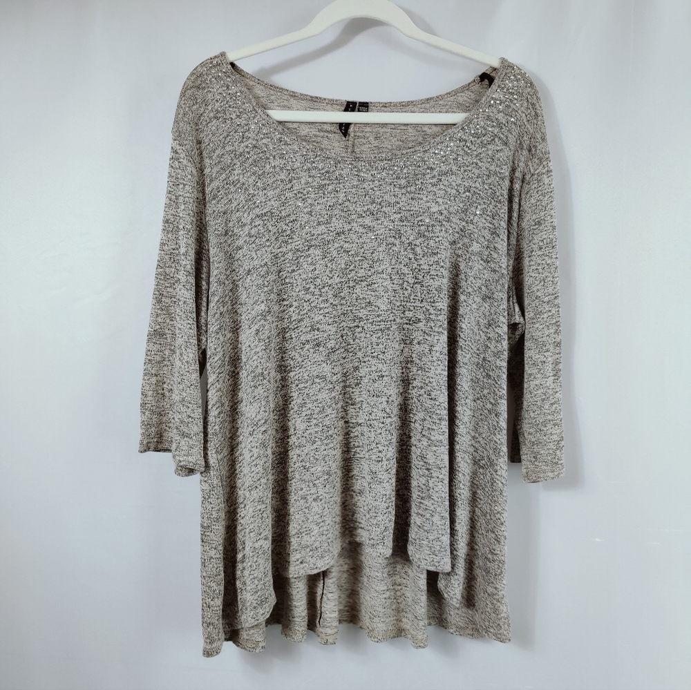 Obsession Plus Size Gray Heather Scoop Neck Crystal Embellished Sweater, 2X